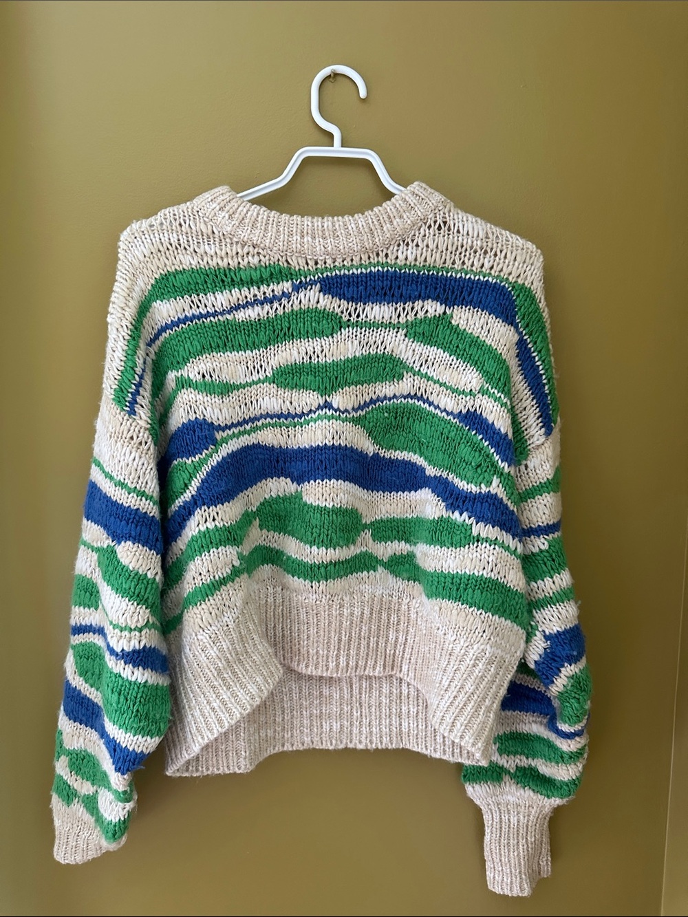 Beige Striped Knit Sweater with Green & Blue Waves